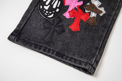 Chrome Hearts Multi Cross Patch Denim Jeans - Grey Gothic Street Pants 1111