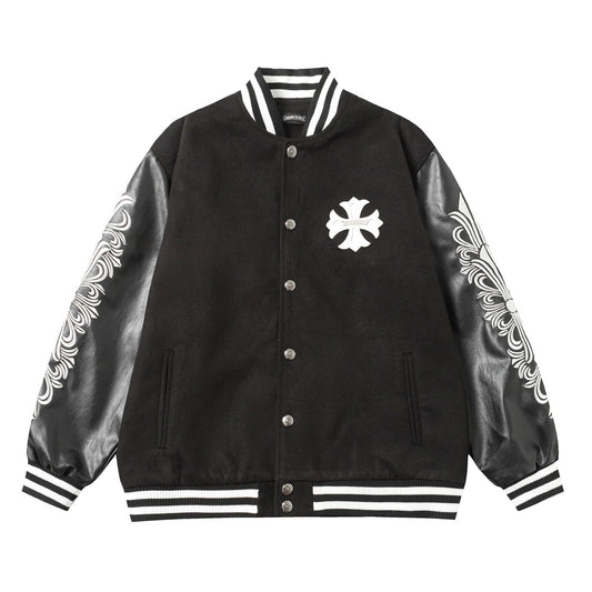Chrome Hearts Cross Embroidered Leather Sleeve Varsity Jacket - Black Street Style 116